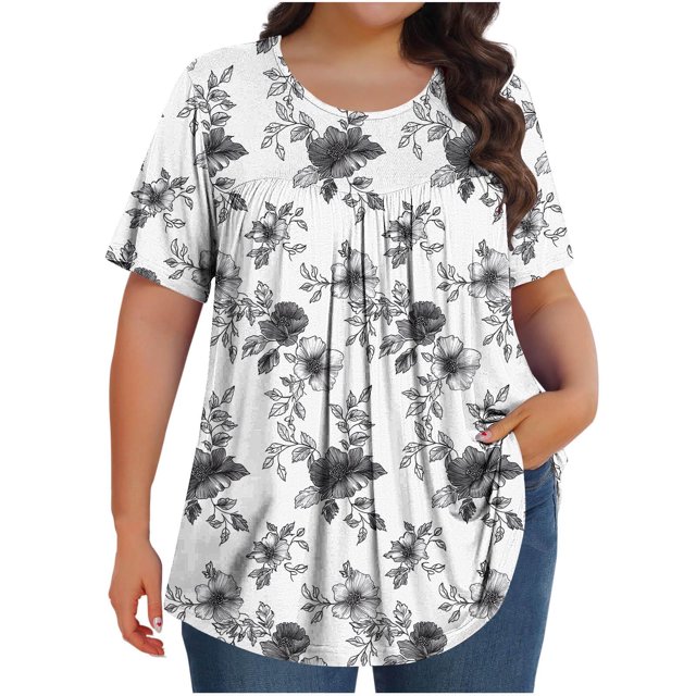 Pisexur Hauts de Printemps pour Femmes Blouses pour Femmes Chic Décontracté Mode pour Femmes Imprimé Col Rond Manches Courtes Plissé Ample Haut Multicolore,2TG