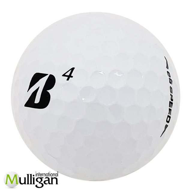 Mulligan - 96 Bridgestone e6 Speed (B) 5A Recycled Used Golf Balls, White, close-up of a single white golf ball featuring the Bridgestone 'B' logo, number 4, and 'e6 Speed' text on its dimpled surface, ideal for eco-friendly golf practice and suitable for advanced players.