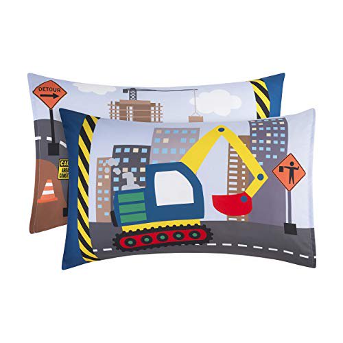 EVERYDAY KIDS Construction 2 Pack Pillowcase Set featuring a fun construction-themed design with vibrant illustrations of an excavator, traffic signs, and a cityscape. Made from soft, breathable, and hypoallergenic microfiber material, these standard-size pillowcases are ideal for kids' bedding. The set includes two pillowcases with colourful and playful patterns, perfect for sparking imaginative dreams.