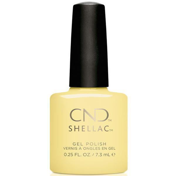 CND Design Créatif pour Ongles SHELLAC Gel Polish.25oz/7.3ml en Teinte Gélifiée, Mettant en Valeur un Ton Jaune vibrant. la Bouteille Présente un Design Épuré avec un Capuchon Noir et une Image de Marque Bien en Vedette. Ce Gel Polish à Formule Végane Offre un Revêtement Respirant, Assurant l'Hydratation et l'Équilibre en Oxygène. Parfait pour des Manucures Longue Durée avec une Finition Résistante aux Éclats et à Haute Brillance Qui Durcit sous des Lampes UV/LED.