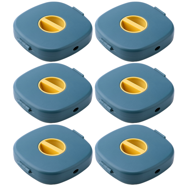 6 Pieces Retractable Cable Management Charging Cord Organizer Phone Cord Holder Retractable Cable Reels Small Winder Case for USB Cable, Headset Cord, Mouse Wire, and Charger Cable. The image shows six compact, square-shaped cable organizers in a blue and yellow color scheme. Each organizer features a central knob for adjustable cable length and a slot for inserting cables. These lightweight and portable organizers are suitable for USB cables, data cables, mouse wires, earphone cords, and charging cables. They can also function as a mobile phone stand when the bottom is extended.