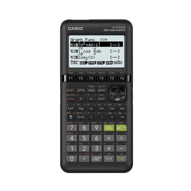 CASIO FX-9750GIII Calculatrice Graphique avec Corps Noir et Affichage Haute Résolution Affichant des Fonctions de Graphisme. les Fonctionnalités Incluent des Applications Préchargées, la Fonctionnalité G-Solve, la Programmation Python, des Calculs Vectoriels, des Capacités de Feuille de Calcul et un Accès au Manuel en Ligne avec code QR. le Clavier Comprend des Boutons à Codage de Couleur pour Diverses Opérations et Fonctions Mathématiques, Ainsi Qu'un Coussinet Directionnel pour la navigation.