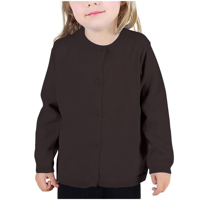 Fall Saving! HVOBTTY Girls Long Sleeve Open Front Cardigan, Girls Crewneck Cardigan Solid Long Sleeve Button Sweater Uniform Sweaters for Little Girls Dark Gray, 3 Years
