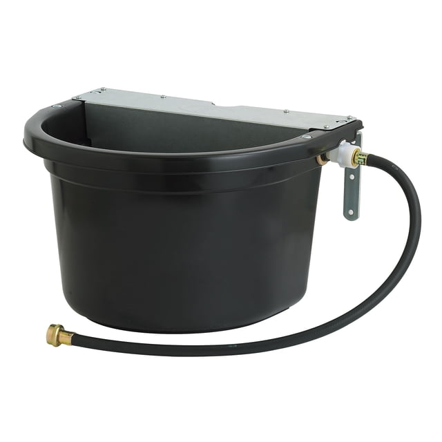 Little Giant FW16MTLBLACK Automatic Livestock Waterer with Metal Cover, featuring a 4-gallon capacity and a float-controlled refill mechanism. The black waterer includes a 30-inch hose with a female attachment for easy connection to a standard 3/4-inch garden hose. Designed for horses and cattle, it offers versatile installation options with metal brackets for over-the-fence or on-the-wall mounting. Dimensions are 17.5 x 14.25 x 10.75 inches.