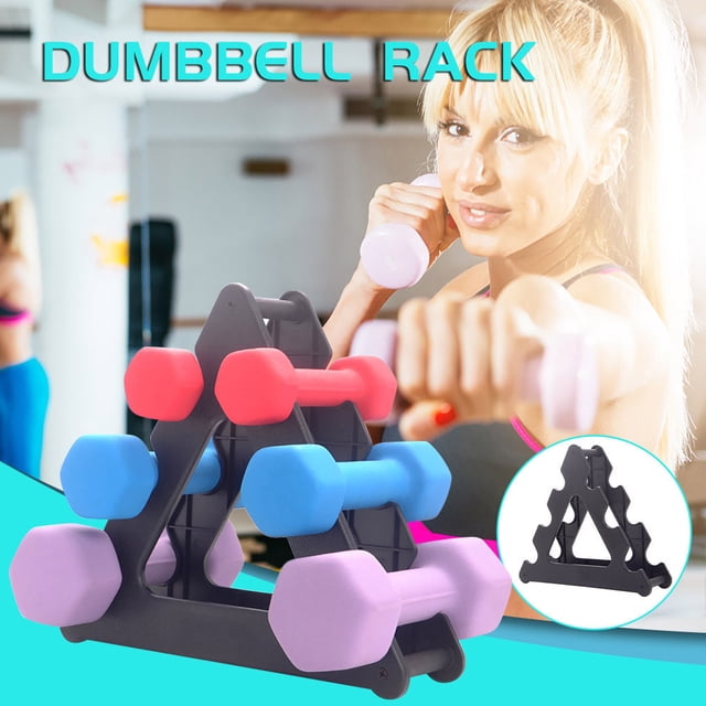 Dumbbell Rack Stand 3 Tier weight rack designed to hold up to three pairs of dumbbells, shown with colorful hand weights in pink, blue, and purple. The compact black PP material rack features a triangular tree design for stylish and organized gym storage.