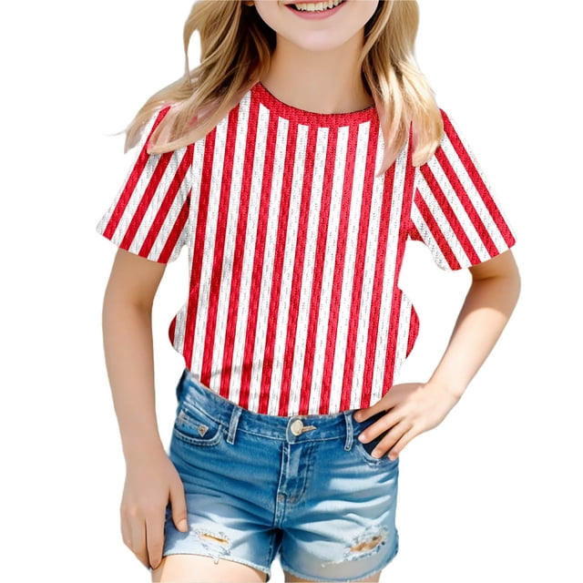 GDREDA T-Shirt Graphique à Manches Courtes Rayé de Carnaval pour Garçons, Chemise de Fête Colorée, Haut Décontracté Confortable pour Enfants Rouge,160