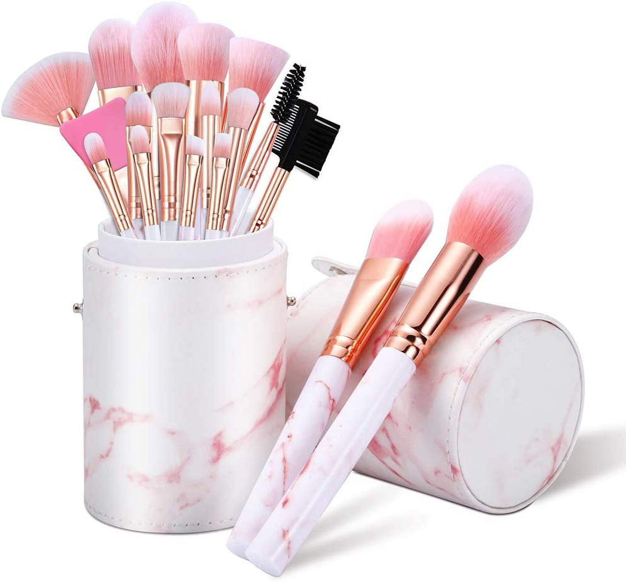 DUAIU Makeup Brushes Sets 16PCS Pink Marble Make up Brushes Foundation Eyeshadow Concealer Eyebrow Blush Brush Set With Makeup Brush Holder and Silicone Mask Brush