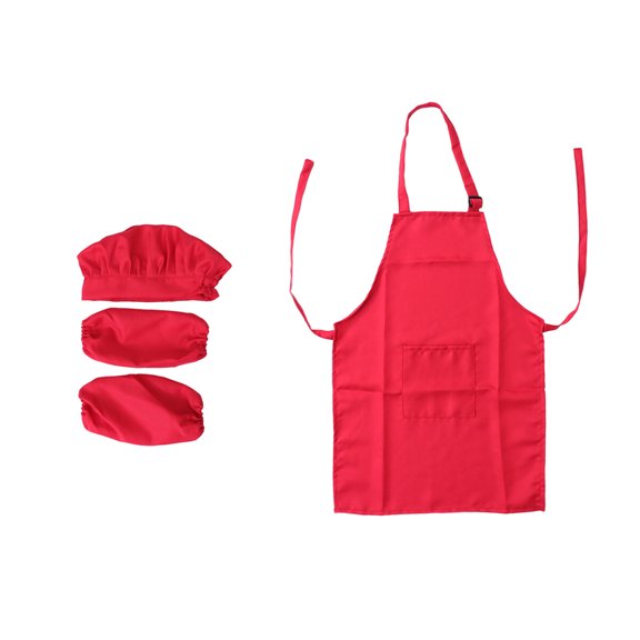 KAKOWELY kids kitchen set Kids Chef Set Complete Kids Kitchen Gift Playset with Chef’s Hat Apron and Cooking Sleeve for Cooking Baking Painting Party Decor Middle Size for 4-8Y (Red)