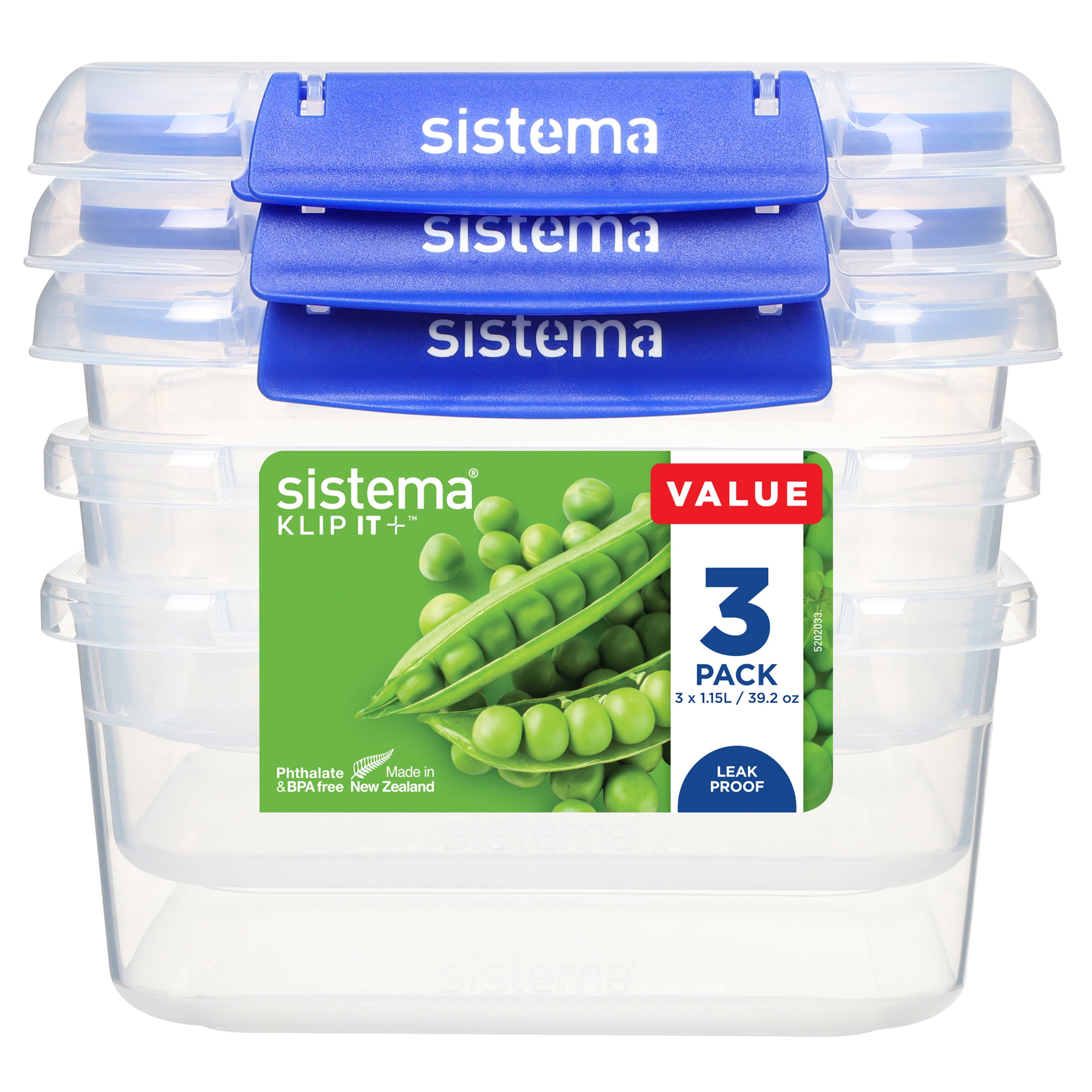 Sistema KLIP IT PLUS Food Storage Containers, 1.15 L, Leak-Proof Seal, Easy Locking Clips, BPA-Free, 3 Count