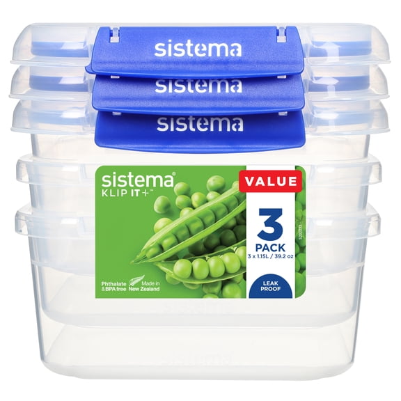 Sistema KLIP IT PLUS Food Storage Containers, 1.15 L, Leak-Proof Seal, Easy Locking Clips, BPA-Free, 3 Count