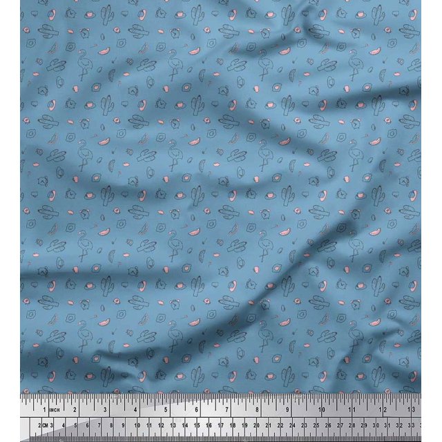 Soimoi Velvet Fabric Cactus,Alarm Clock & Flamingo Shirting Decor Fabric Printed Yard 58 Inch Wide