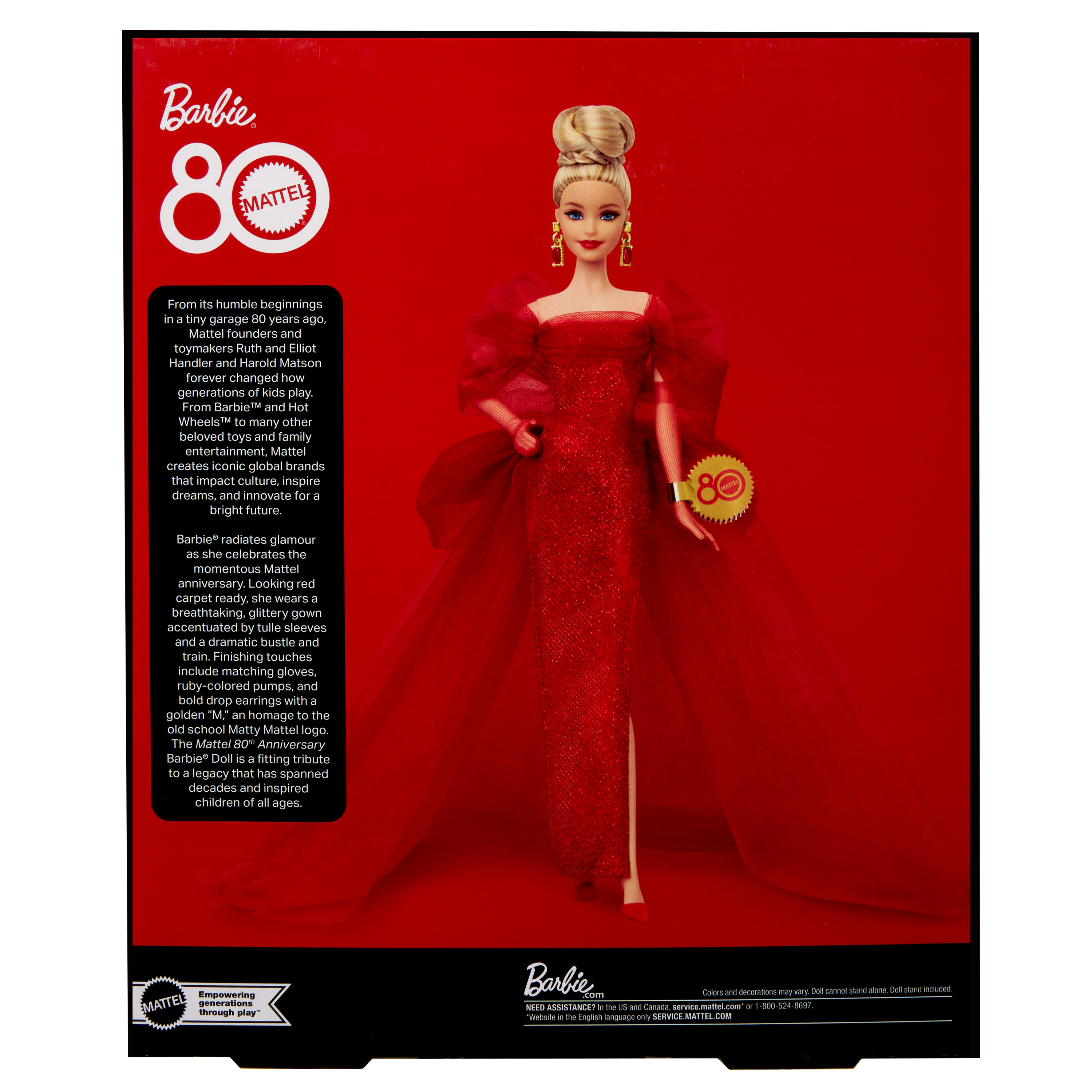 Poupée de collection BarbieSignature pour le 80eanniversaire de Mattel, robe rouge en tulle scintillante, cheveux blonds