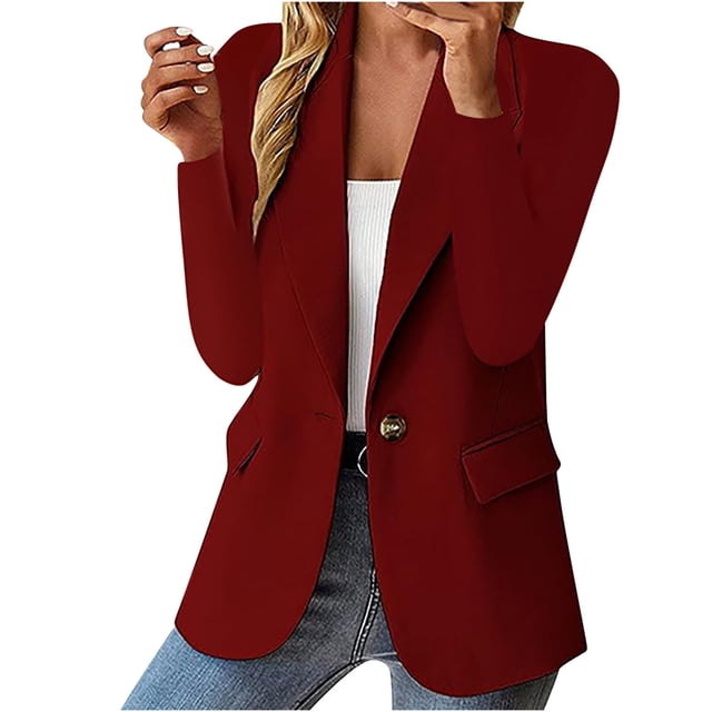 Grrvtrz Womens One Button Blazer Lightweight Office Work Suit Jacket Stretch Lapel Collar Long Sleeve Jacket with Pockets