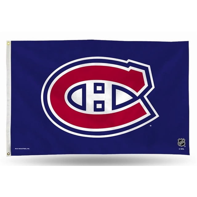 GTEI NHL Montreal Canadians Flag is a 3' x 5' polyester flag with a blue background featuring the Montreal Canadiens red 'C' logo outlined in white and blue, enclosing a white 'H'. It includes two brass grommets for hanging on a flagpole or wall, suitable for outdoor display, tailgating, or sports décor.