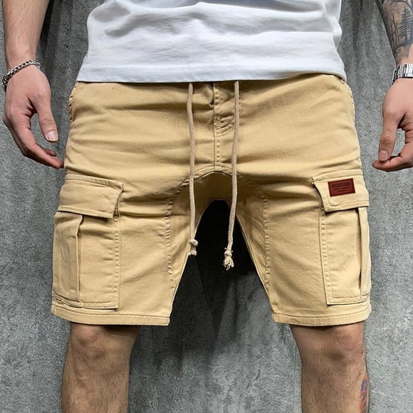 Men's Solid Color Cargo Shorts Men Casual Drawstring Sport Short Pants Relaxed Fit Shorts with Multi Pockets