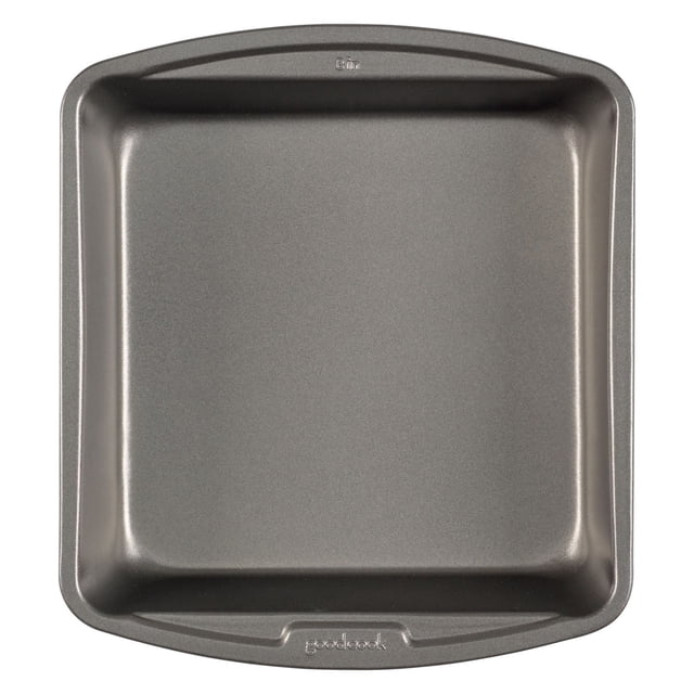 GoodCook Everyday Nonstick Steel Square Cake Pan, 8", gray, top-down view showing smooth nonstick surface and integrated handles, made of heavy-duty steel with scratch-resistant coating for even heat distribution and easy release, suitable for baking cakes, brownies, and versatile desserts.
