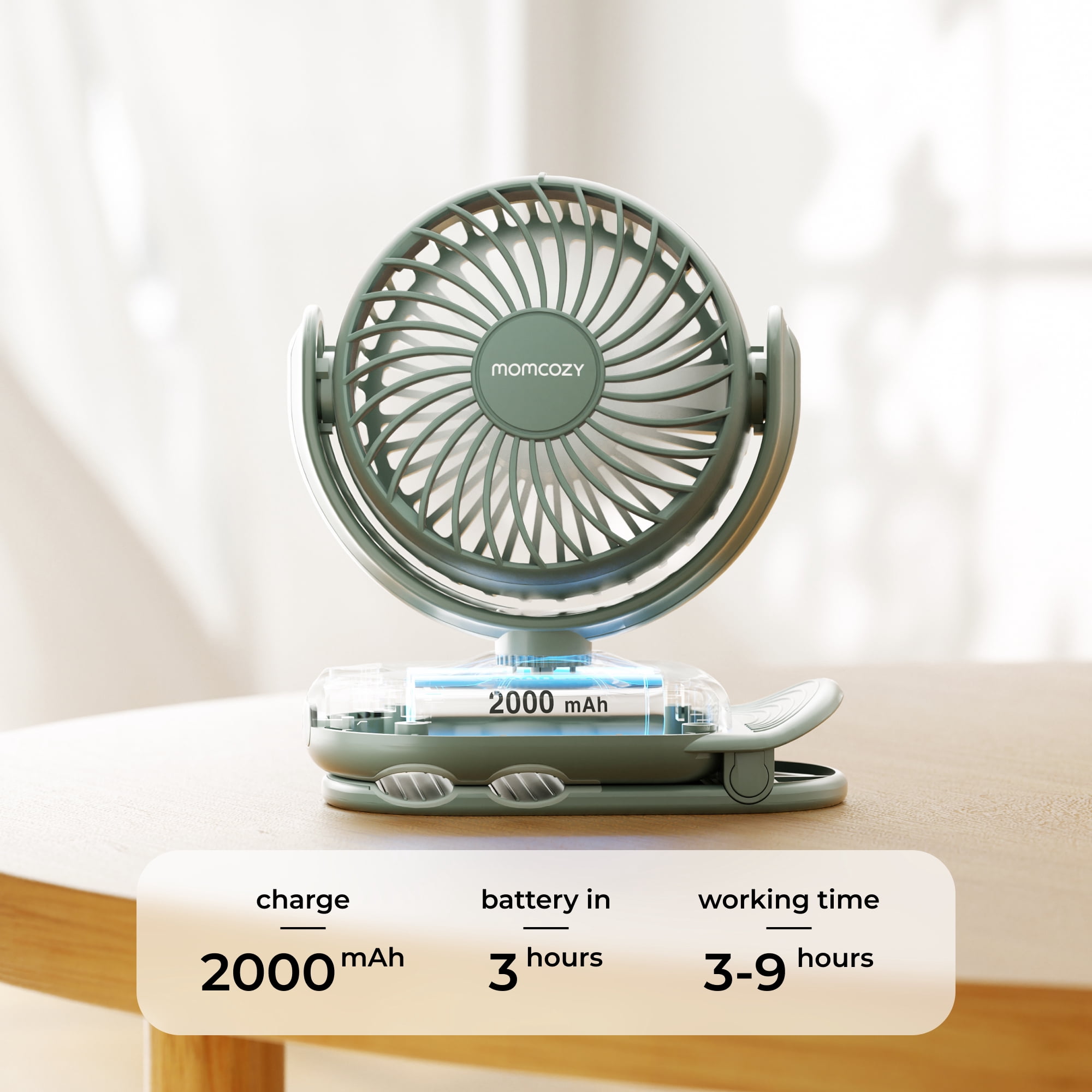 Momcozy Mini Ventilateur à Pince Portable pour Nourrissons & Tout-Petits, Rechargeable à 4 Vitesses, Léger 0.26 lb, Ventilateur Rafraîchissant Orientable à 360° pour Poussette
