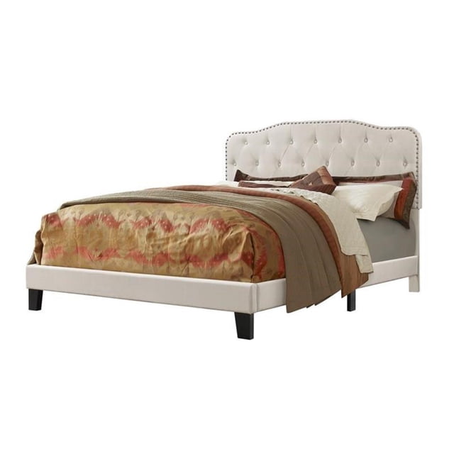 Tufted Fog-Beige Linen Fabric Headboard and Panel Bed Frame in Queen size. The bed features a fog-beige linen fabric upholstery with a tufted headboard design and silver nailhead trim. The panel bed frame lifts 5 inches from the floor and includes side rails upholstered in matching fabric. Shown in a bedroom setting with bedding and pillows.