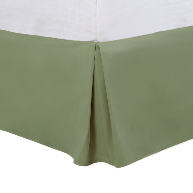 Unique Bargains Brushed Pleated Bed Skirt in olive green, featuring a tailored design with a 16-inch drop. Made from 100% microfiber polyester, it is durable, wrinkle-free, and dust-resistant. The bed skirt conceals box springs or under-bed storage, adding a clean and elegant look to the bedroom. Suitable for full-size beds measuring 54 inches by 75 inches. Easy to install with an elastic band and machine washable for convenience.