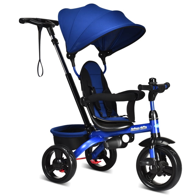 Tricycle pour Enfants INFANS, Tricycle de Promenade 4 en 1 avec Poignée Poussoir Réglable, Auvent Amovible, Plaque de Pied Rétractable, Pédale Verrouillable, Garde-Corps Détachable, Convient de 10 Mois à 5 Ans - Vue Orientée vers l'Avant du Tricycle INFANS 4-en-1 Rouge en mode Poussoir-Promenade avec Ensemble de Poignée Poussoir Réglable jusqu'à 23 Pouces, Auvent en Tissu Extensible, Garde-Corps Détachable et Siège Rembourré avec Harnais de Sécurité à 3 Points, Panier de Rangement et Roues EVA; Convient aux Promenades