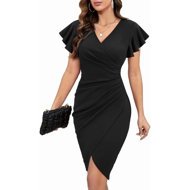 Owin Robe Moulante d'Été pour Femme, Aguichant, à Col en V, Manches à Volants, Faux Portefeuille, Froncée, Fourreau, Cocktail, Fête, Travail