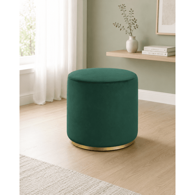 K-Living Round Ottoman With Stainless Steel Gold Base In Green Suede