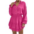 thumbnail image 1 of AherBiu Robes à Manches Longues pour Femmes, Col en V à Boutons, Robe Courte Plissée à Volants, 1 of 7