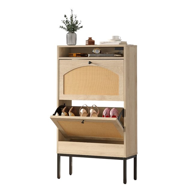Toytexx Armoire à Chaussures avec Tiroirs Basculants en Rotin et Station de Charge, Rangement d'Entrée Style Ferme, 2 Niveaux, Chêne