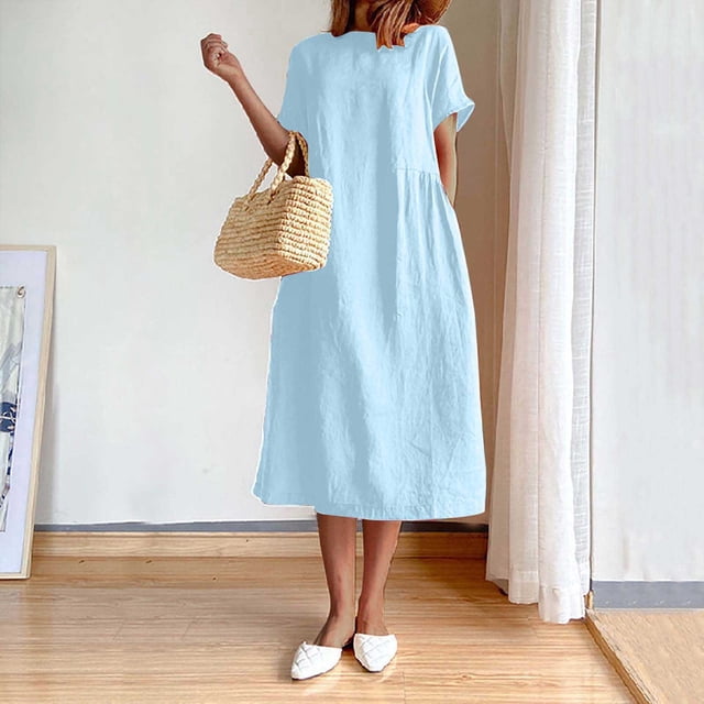 LOVZFMLL Women's Summer Fashion Solid Color Round Neck Short Sleeve Linen Dress Light Blue M