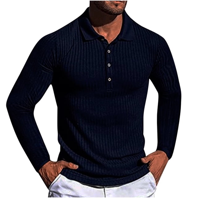 Jalioing Men's Collared Shirt Long Sleeve Button Golf Shirts Business Casual Ribbed Stretchy Pullover Tee