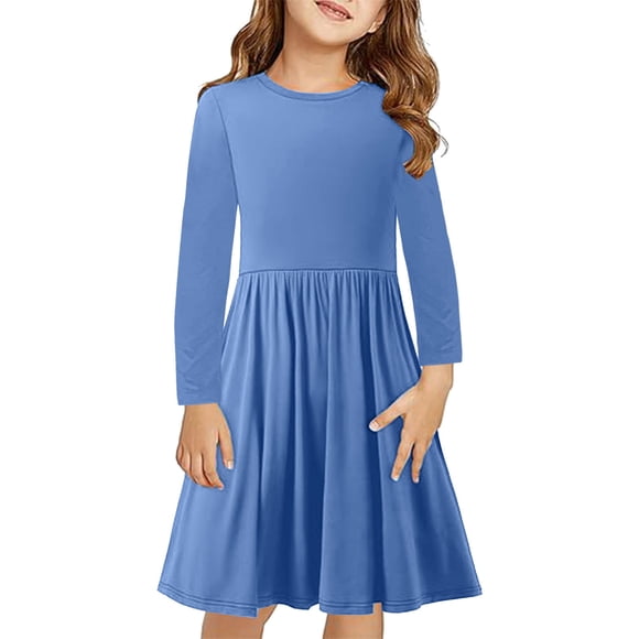 LOVZFMLL Girls Long Sleeve Solid Color Stretchy Dress A Line Twirly Skater School Recital Dress