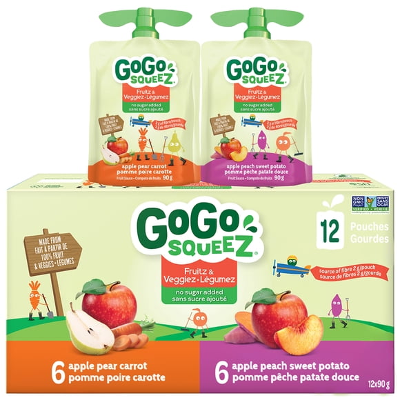 GoGo squeeZ Fruitz & Veggiez Sauce Snack Pouches Variety Pack, Apple Pear Carrot, Apple Peach Sweet Potato, No Sugar Added. 90g per pouch, 12 Pouches