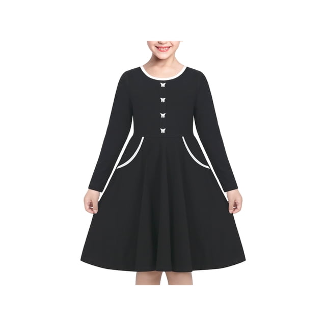 Robe Fille Noire Papillon Poche Vintage Française Manches Longues 7 Ans
