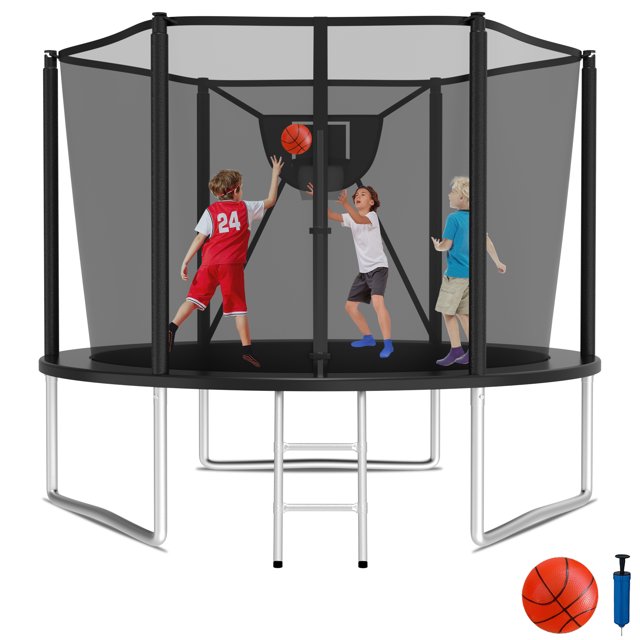 KOFUN 1000LBS 10FT Trampoline for Kids and Adults Outdoor Backyard Trampoline with Safety Enclosure Net, Removable Basketball Hoop, Ladder, A Ball, Black