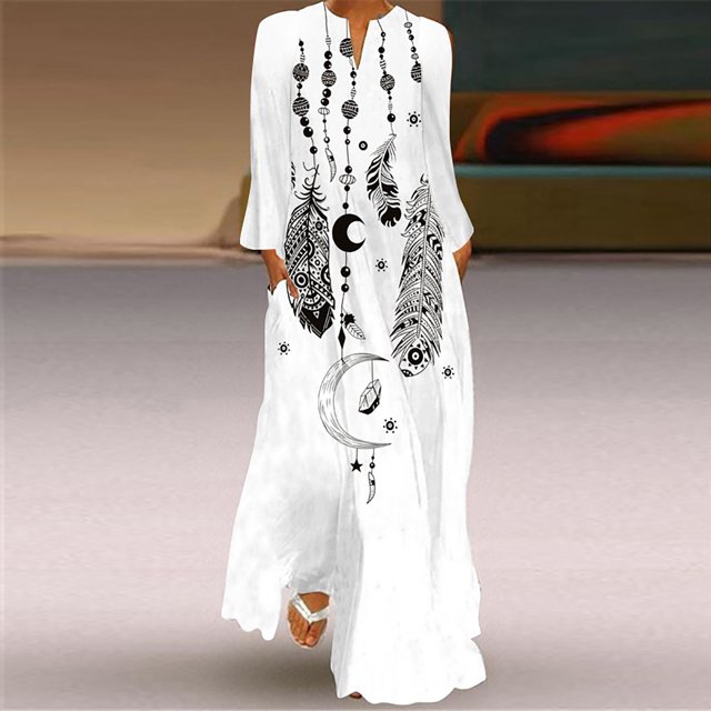 Robes pour Femmes Pulpeuses Aguichant Robe Longue à Imprimé Numérique Col en V avec Poches Robe à Manches Longues Chemises pour Femmes Chic Décontracté en Liquidation
