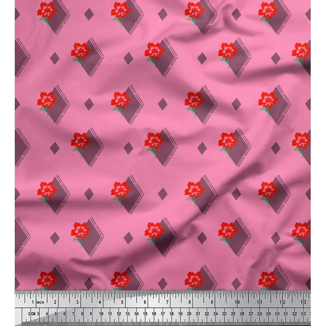 Soimoi polyester Crepe Fabric Diamond Shape & Floral Artistic Print Fabric by Yard 52 Inch Wide