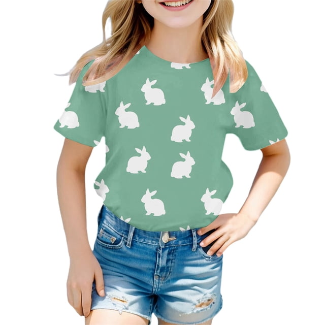 PMVFHDE Tenue de Pâques pour Filles T-Shirt Graphique de Pâques / Imprimé Lapin & Œuf Manches Courtes Col Rond / Tee-Shirt en Coton Doux pour Tout-Petit / Tenue Décontractée Printemps Été Vert, 10-11 Ans