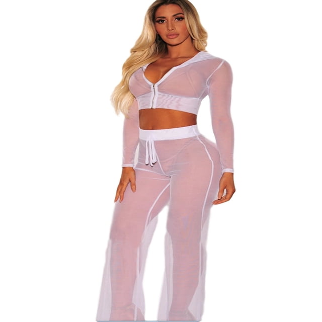 Ensemble de Bikini Transparent en Maille pour Femmes Maillot de Bain Haut+pantalon