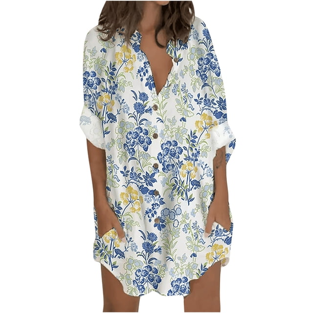 PEZHADA Robes pour Femmes Grande Taille Robes Chemise Décontractées Mode Femmes Imprimé Manches Longues Bouffantes Robe à Col en V Robe Midi Vert Menthe