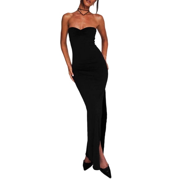 Gupgi Women Summer Black Tube Top Dress Off Shoulder High Split Backless Long Dress