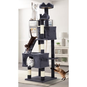 5 Tier Grand arbre de chat, Tour de chat gris avec 6 Postes de fouille, 2 Perches, 2 Caves, Hammock & Pom Pom Poms, Condo Cat en peluche pour les chats intérieurs