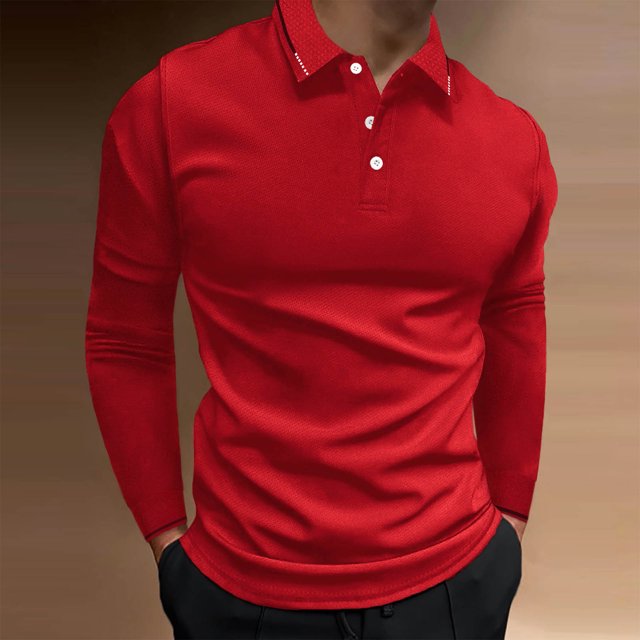 RXIRUCGD Homme Culturisme Uni Sport Bouton Décontracté Col Montant Barre Verticale Manches Longues Chemise de Golf, Rouge, Taille : TG