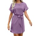 thumbnail image 1 of Offre à Durée Limitée Iumwxz Robe à Col Rond à Manches Courtes pour Femme Tunique à Ourlet Arrondi Robe Formelle avec Ceinture Robes Unies Longues Robes pour Femmes Robe Douce et Confortable pour Fête d'Anniversaire, 1 of 6