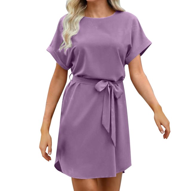 Offre à Durée Limitée Iumwxz Robe à Col Rond à Manches Courtes pour Femme Tunique à Ourlet Arrondi Robe Formelle avec Ceinture Robes Unies Longues Robes pour Femmes Robe Douce et Confortable pour Fête d'Anniversaire