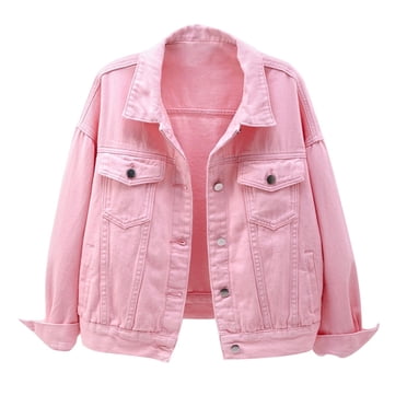 IROINID Women's Short Denim Jacket Jacket Turndown Lapel Solid Color Long Sleeve Comfy Spring And Autumn Coats Warm Denim Jacket Outerwear, Pink