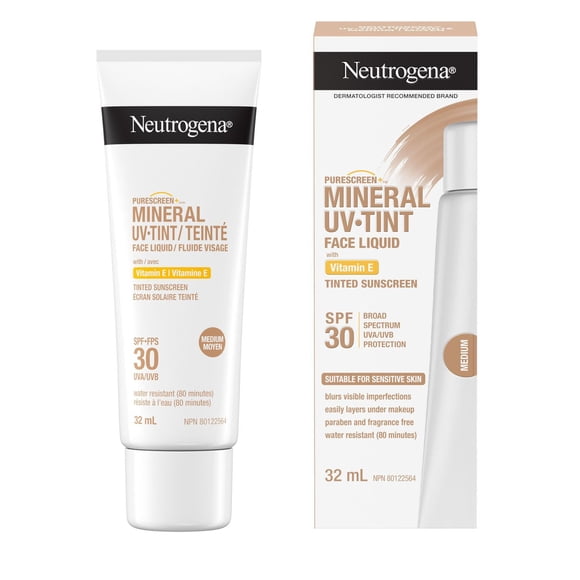 Neutrogena Purescreen+ Mineral UV Tint Face Liquid Sunscreen, Medium Skin Tone, SPF 30, Vitamin E, Fragrance Free
