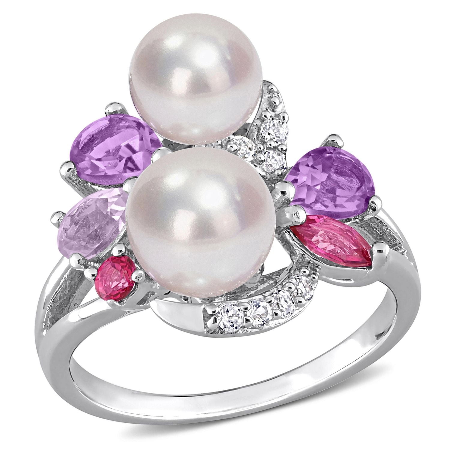 Bague cocktail en grappe Miabella avec des Perles d’eau douce cultivées et 1-3/8 Carat PBT de Pierres précieuses multicolores en Argent Sterling