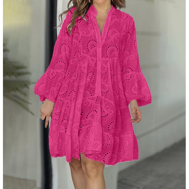 Jienlioq Robe Femme Liquidation Mode Femme Col en V Uni Broderie Patchwork Dentelle Bouton Robe Manches Longues