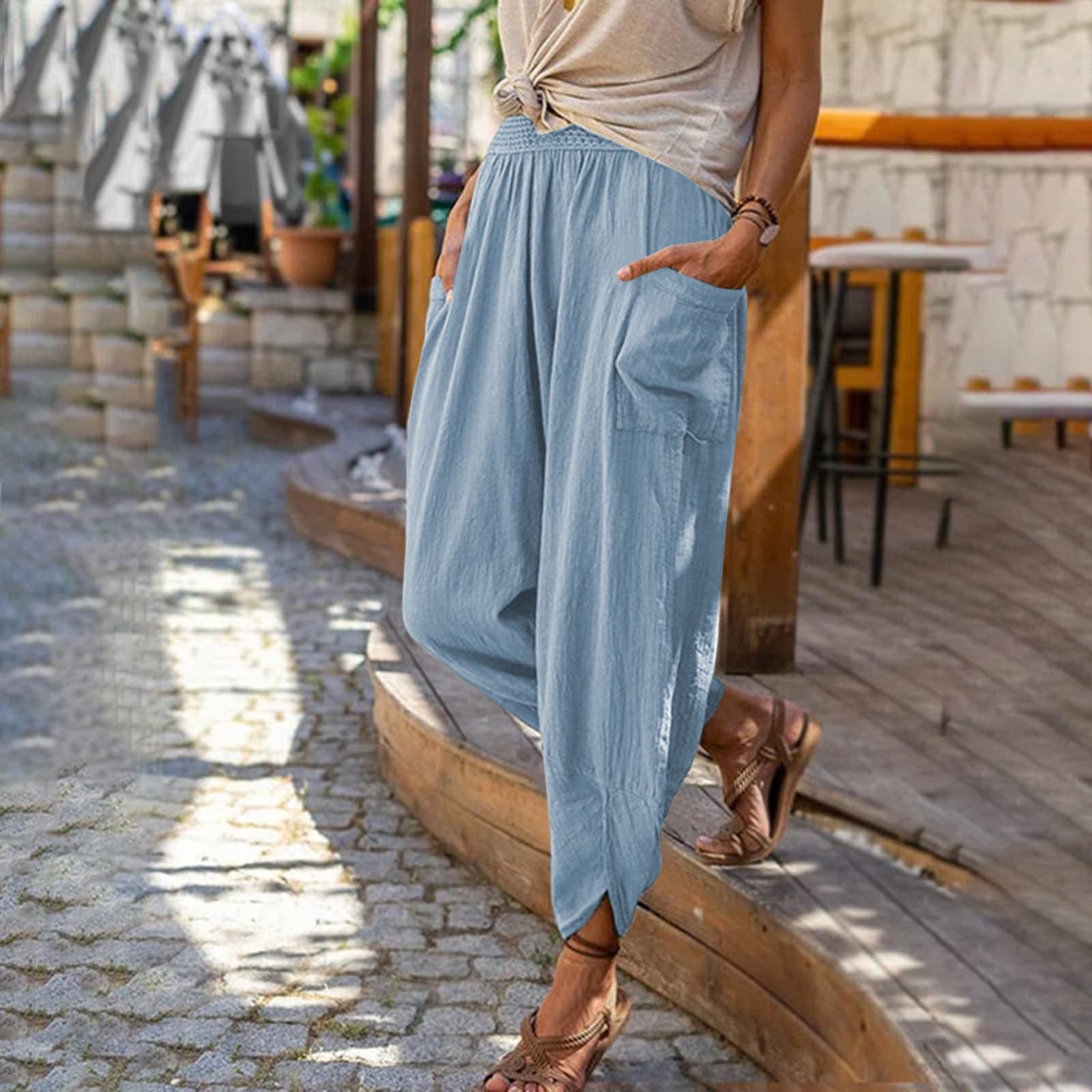 lcziwo Linen Pant for Women,Women High Waist Pants Solid Color