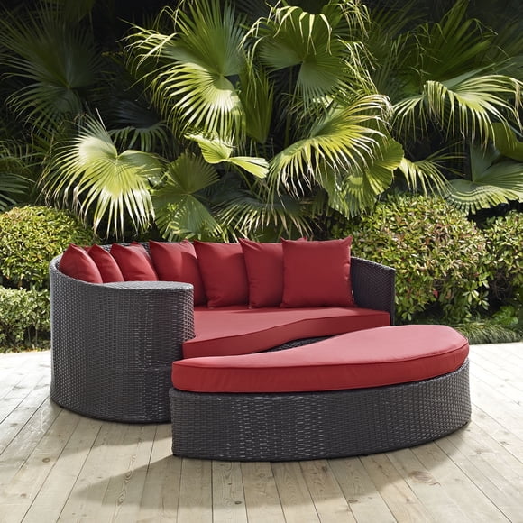 Modway Lit de Jour en Osier pour Patio Extérieur, Sectionnel avec Coussins, Rouge